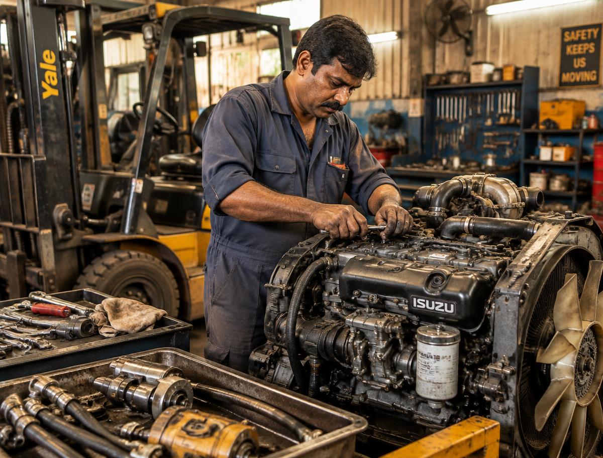Mechanic repairing a forklift engine at Baljit Mechanical & Hydrolic Works workshop