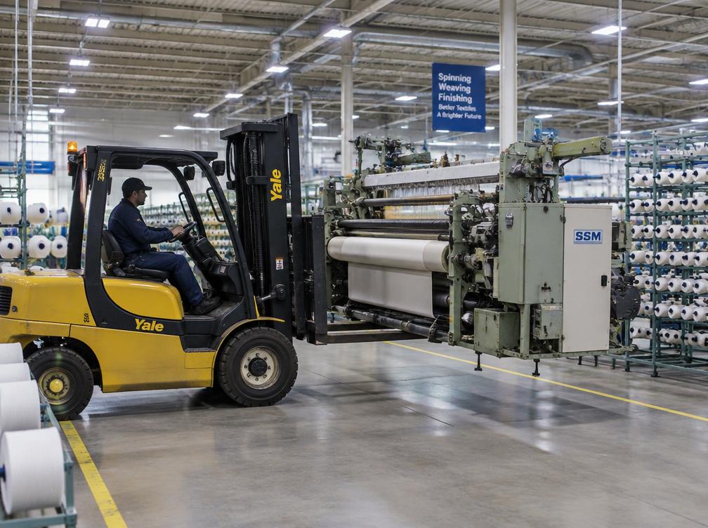 Forklift shifting machinery inside a textile factory in Punjab