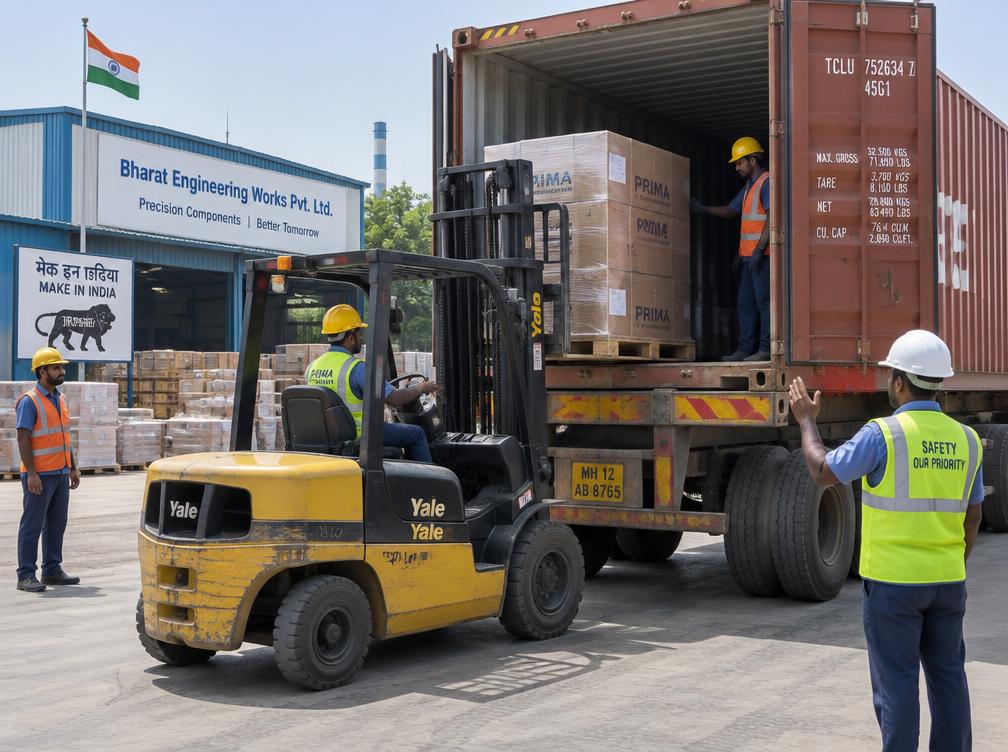 Forklift loading a container truck at an industrial unit