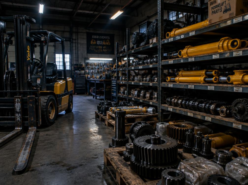 Forklift spare parts and hydraulic cylinders on workshop shelves