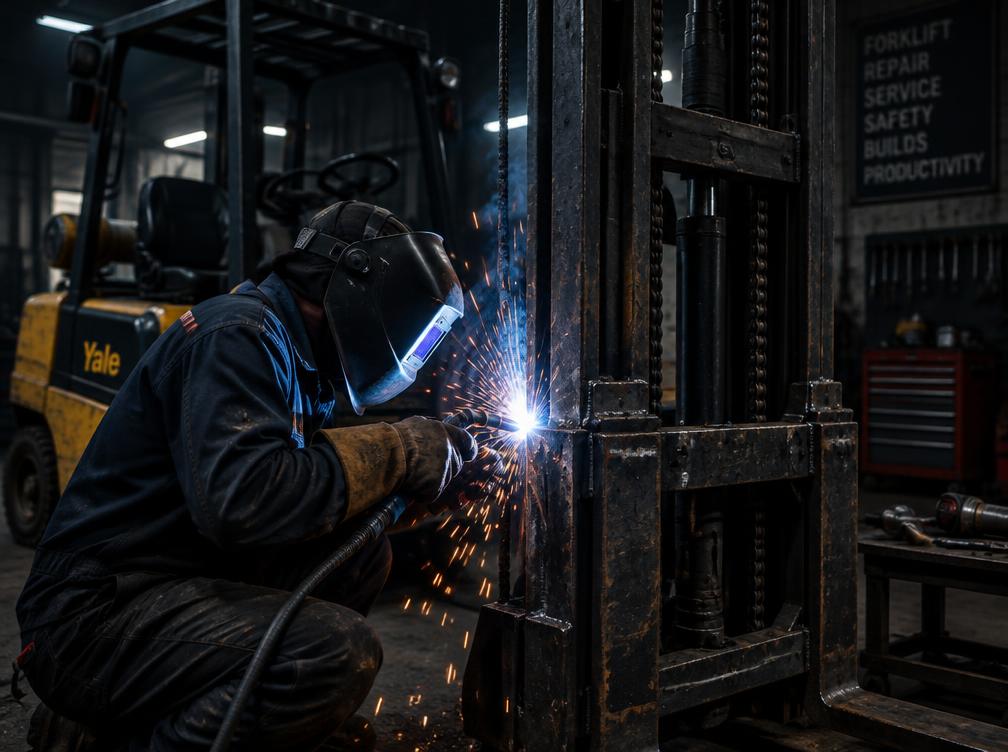 Forklift mast repair and welding work in the workshop