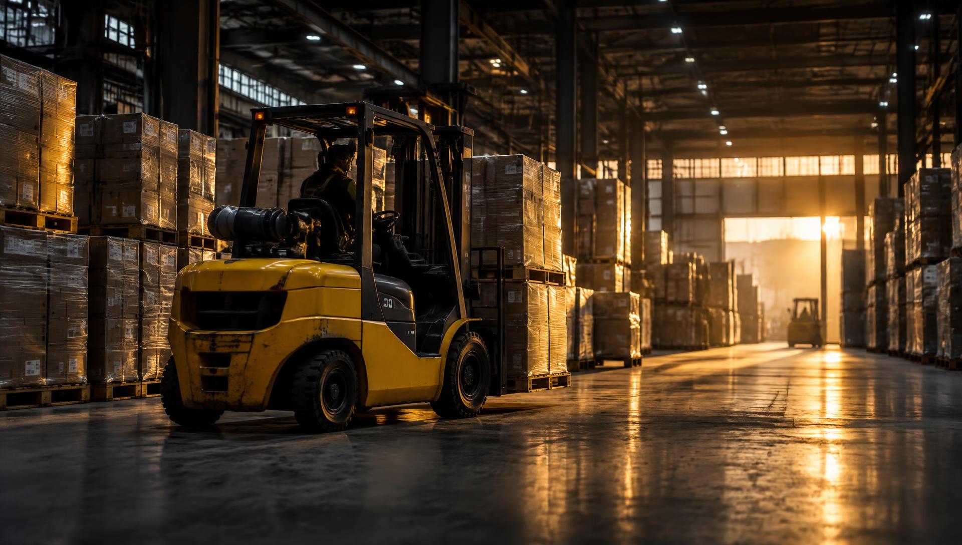 Yellow forklift handling pallets inside an industrial warehouse in Ludhiana