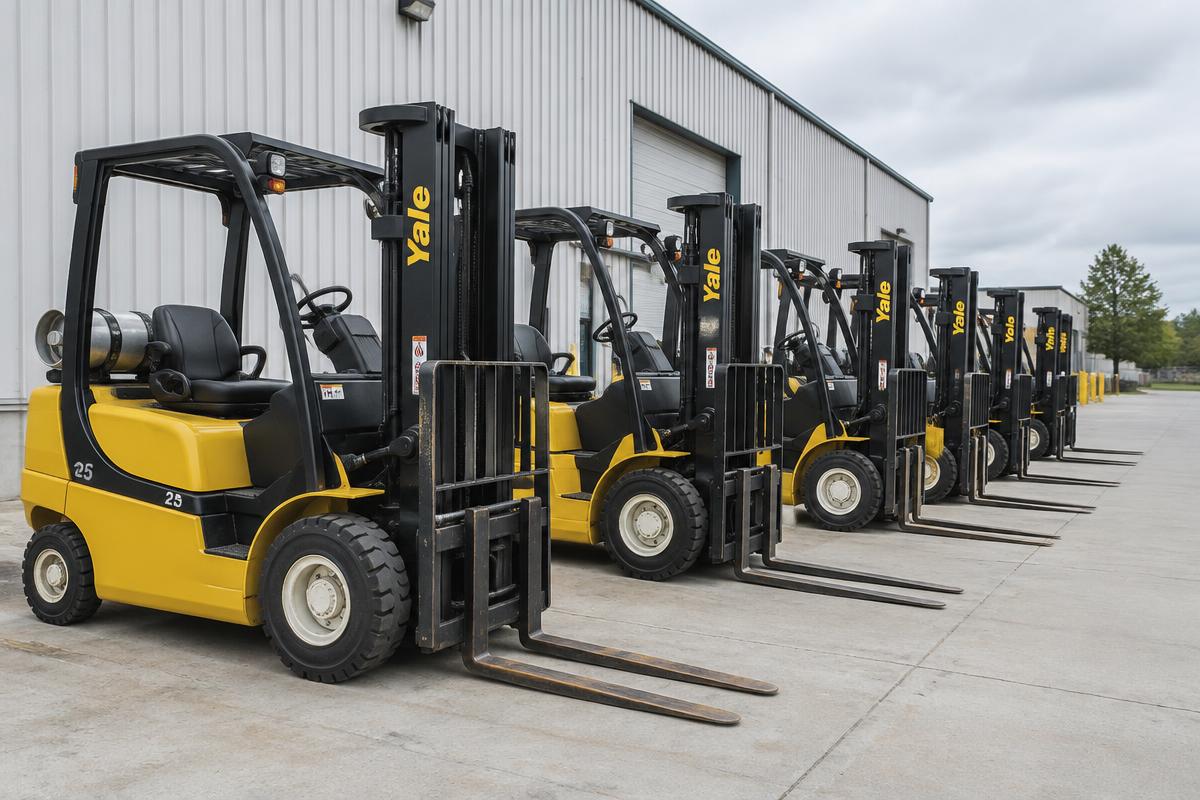 Forklifts on rent lined up outside the Ludhiana workshop